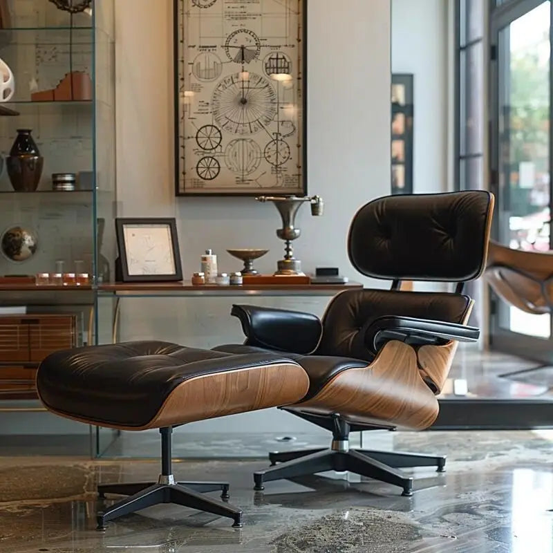 Leather Lounge Chair and Ottoman with Walnut Wood Base