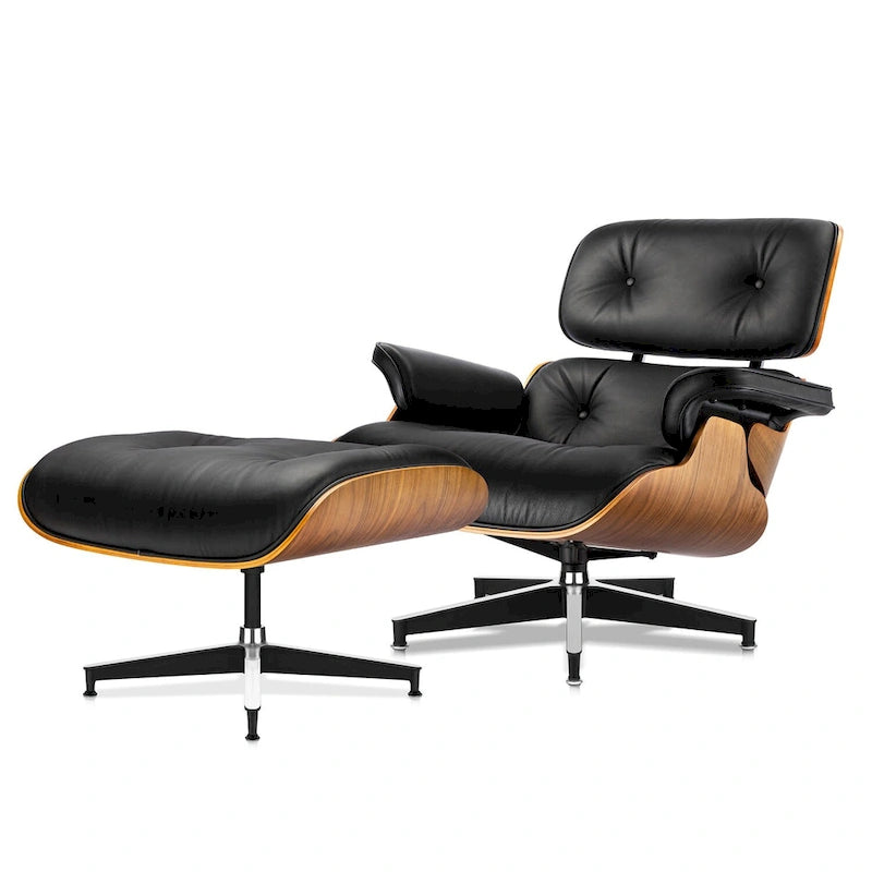 Leather Lounge Chair and Ottoman with Walnut Wood Base