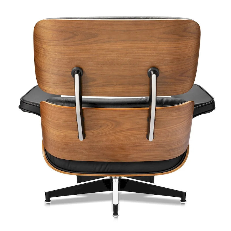 Leather Lounge Chair and Ottoman with Walnut Wood Base