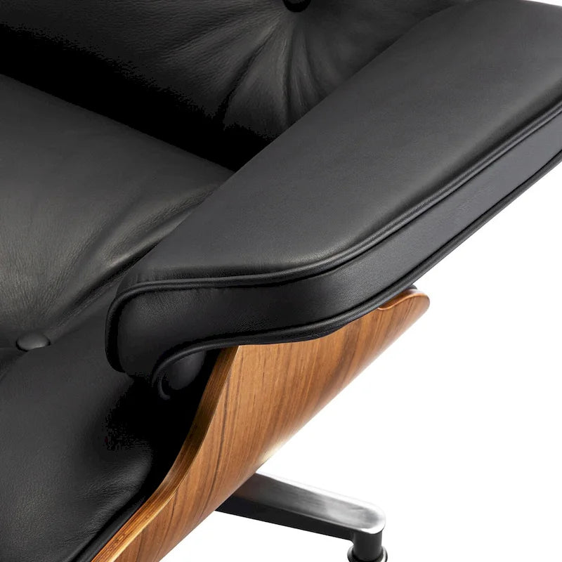 Leather Lounge Chair and Ottoman with Walnut Wood Base