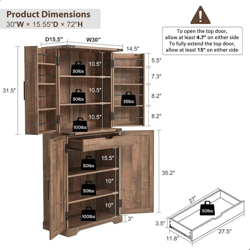 72-Inch Farmhouse Kitchen Pantry Storage Cabinet with Barn Doors