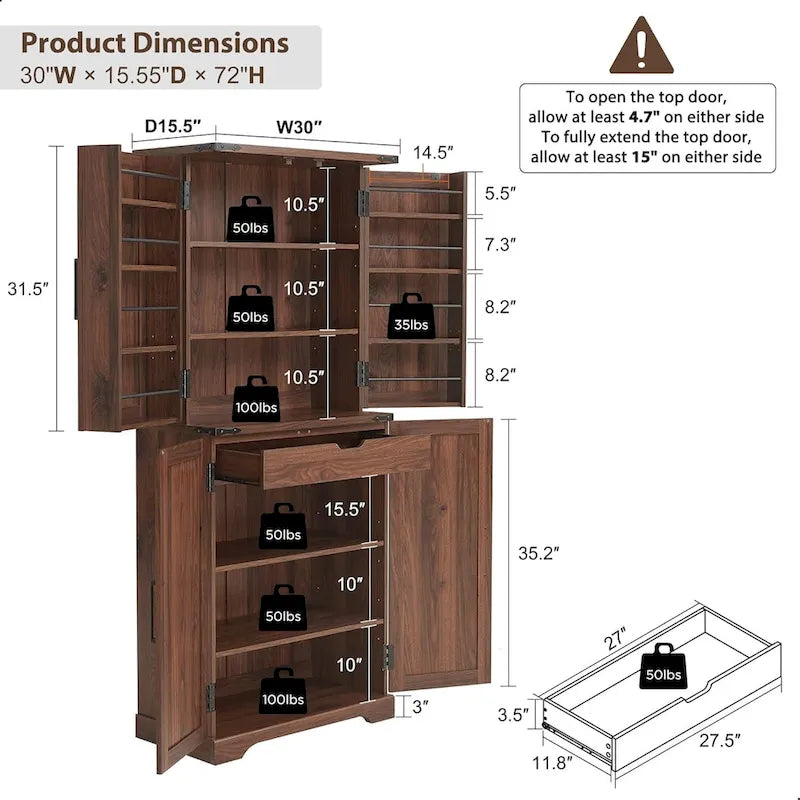 72-Inch Farmhouse Kitchen Pantry Storage Cabinet with Barn Doors