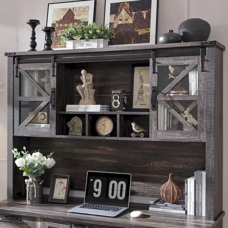 42-Inch Farmhouse Desk Hutch with Sliding Barn Door