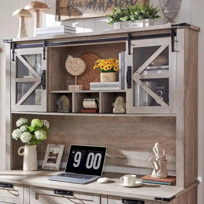 42-Inch Farmhouse Desk Hutch with Sliding Barn Door