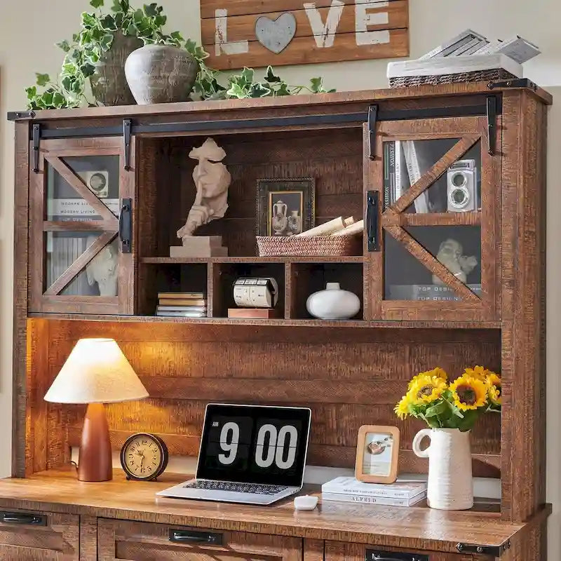 42-Inch Farmhouse Desk Hutch with Sliding Barn Door