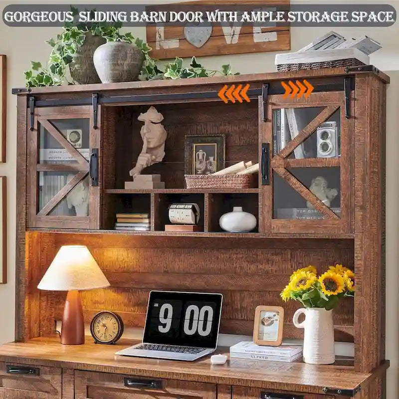 42-Inch Farmhouse Desk Hutch with Sliding Barn Door