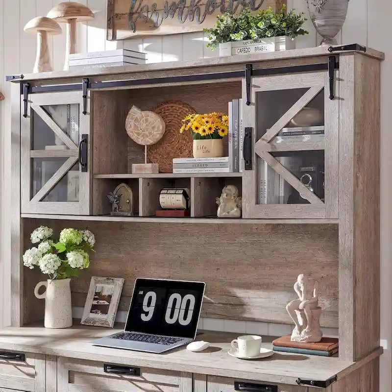 42-Inch Farmhouse Desk Hutch with Sliding Barn Door