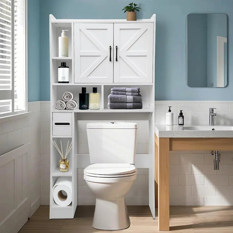 Over-the-Toilet Storage Cabinet with Open Shelves and Cabinet Doors