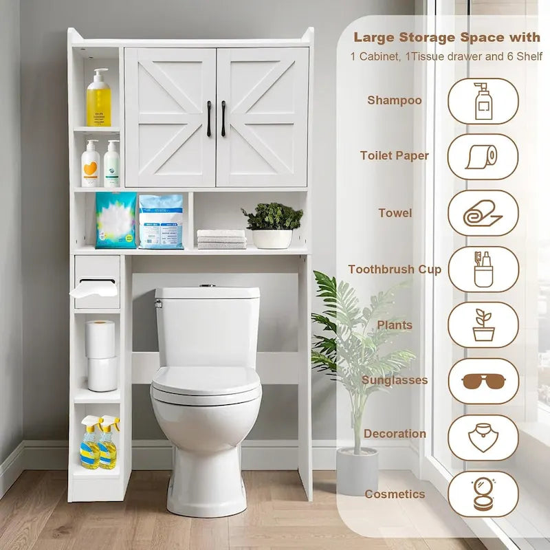 Over-the-Toilet Storage Cabinet with Open Shelves and Cabinet Doors