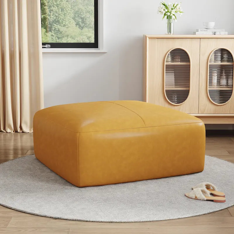 Square Leather-Top Ottoman with Wood Frame