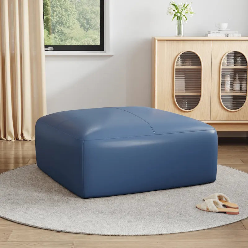 Square Leather-Top Ottoman with Wood Frame