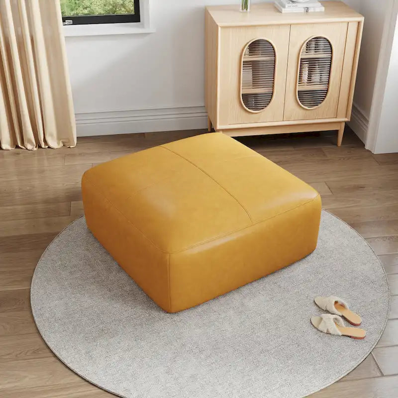 Square Leather-Top Ottoman with Wood Frame