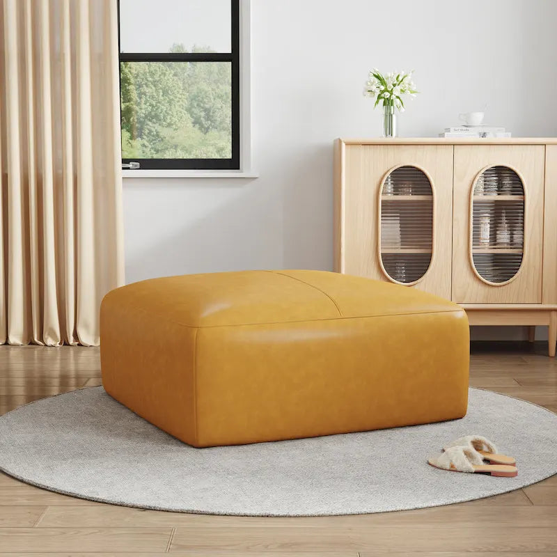 Square Leather-Top Ottoman with Wood Frame