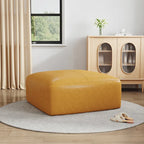 Square Leather-Top Ottoman with Wood Frame