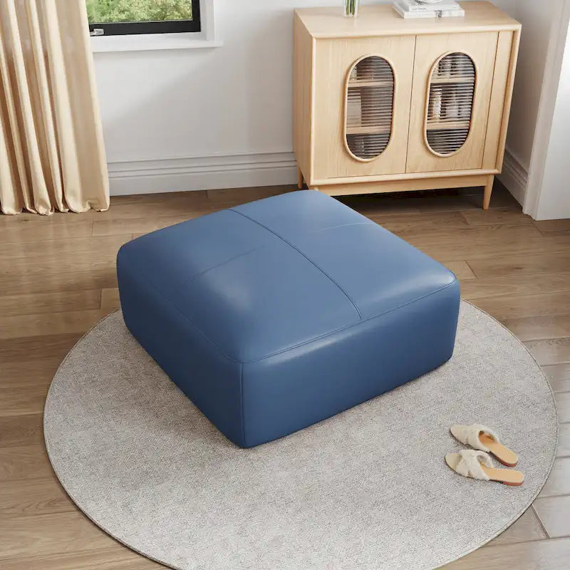 Square Leather-Top Ottoman with Wood Frame