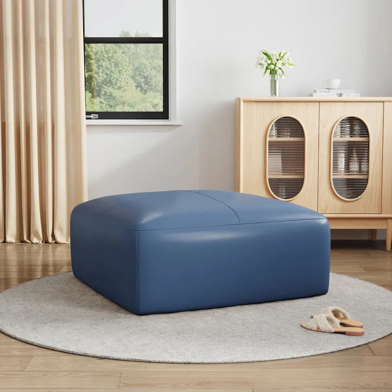Square Leather-Top Ottoman with Wood Frame