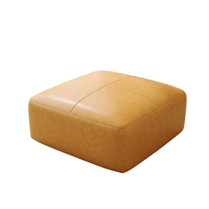Square Leather-Top Ottoman with Wood Frame
