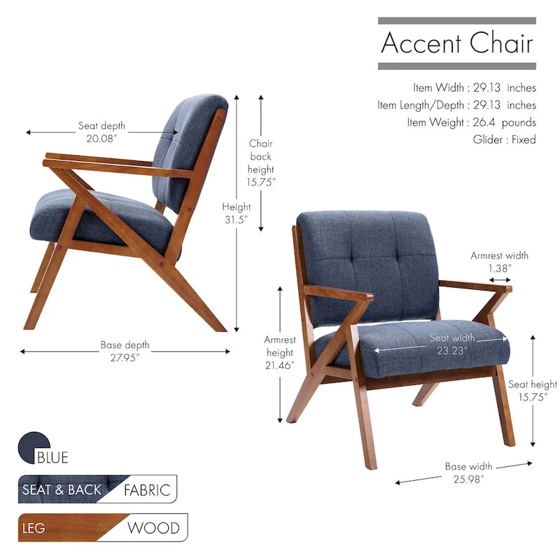 Tufted Fabric Accent Chair with Wooden Legs and Armrests