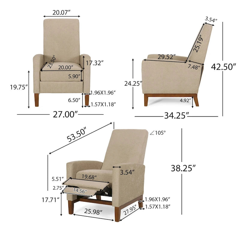 Upholstered Push-Back Recliner Chair with Rubberwood Legs