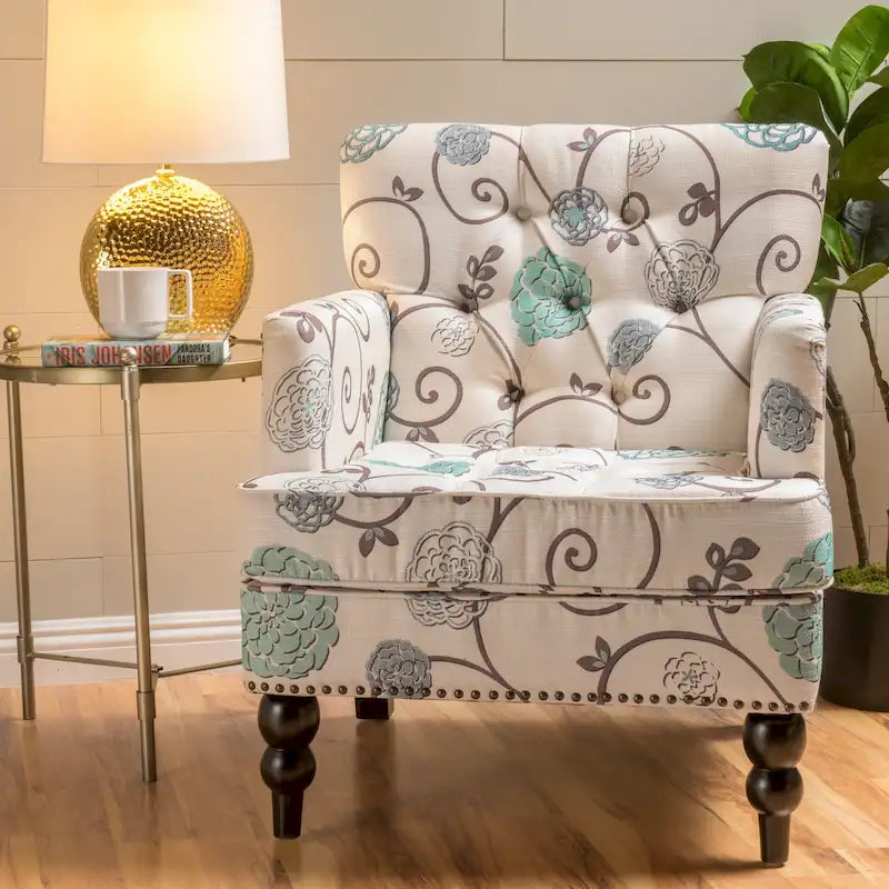 Floral Fabric Tufted Club Chair with Turned Wood Legs