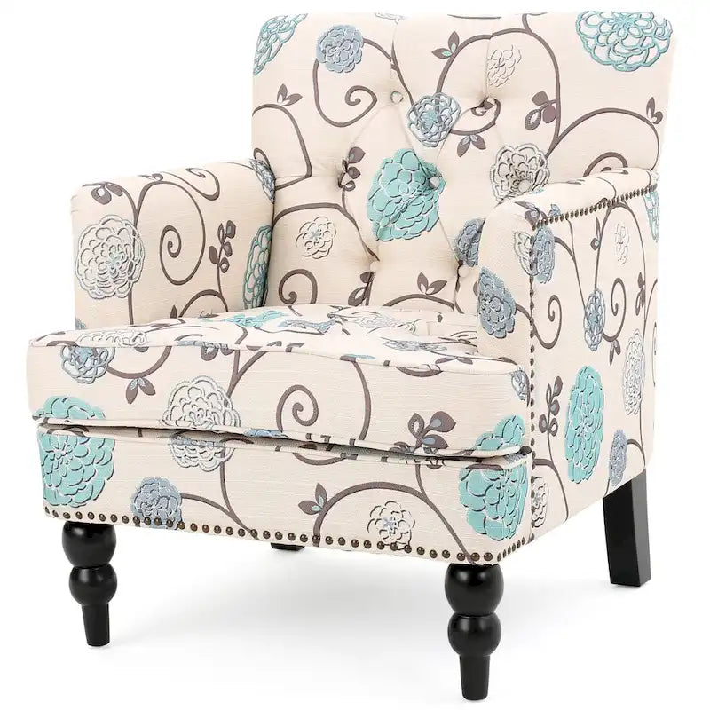 Floral Fabric Tufted Club Chair with Turned Wood Legs
