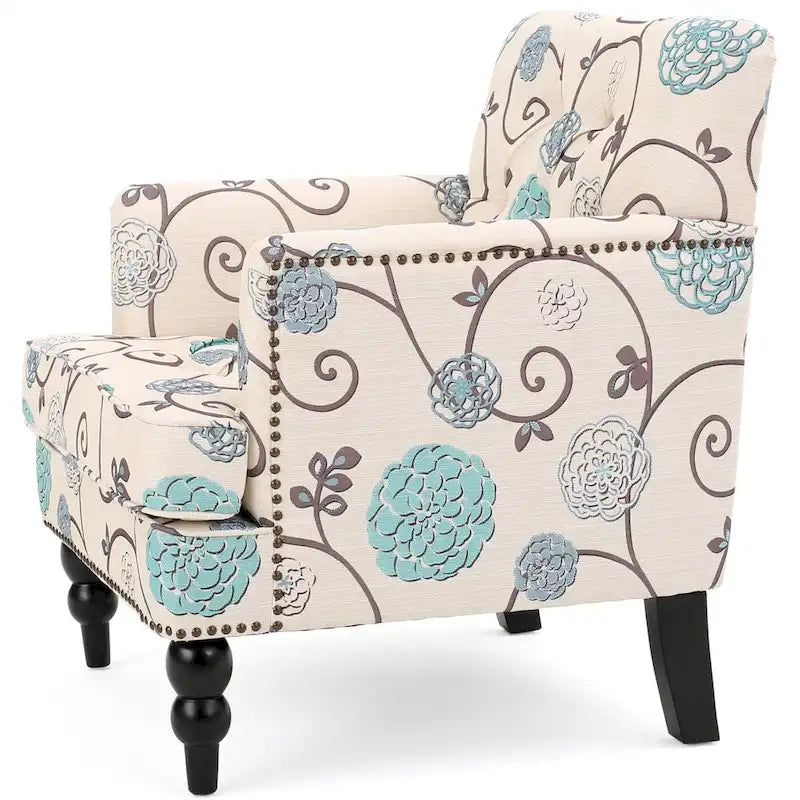 Floral Fabric Tufted Club Chair with Turned Wood Legs