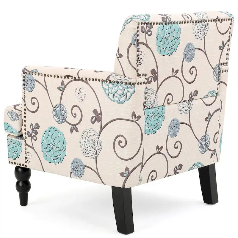 Floral Fabric Tufted Club Chair with Turned Wood Legs