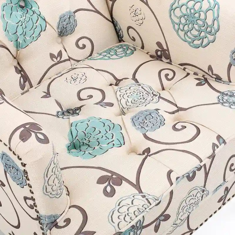 Floral Fabric Tufted Club Chair with Turned Wood Legs