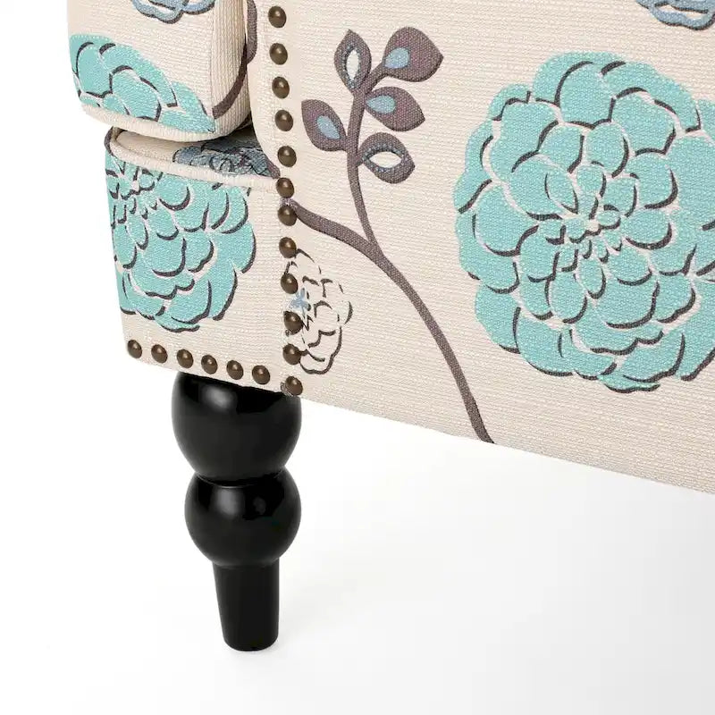 Floral Fabric Tufted Club Chair with Turned Wood Legs
