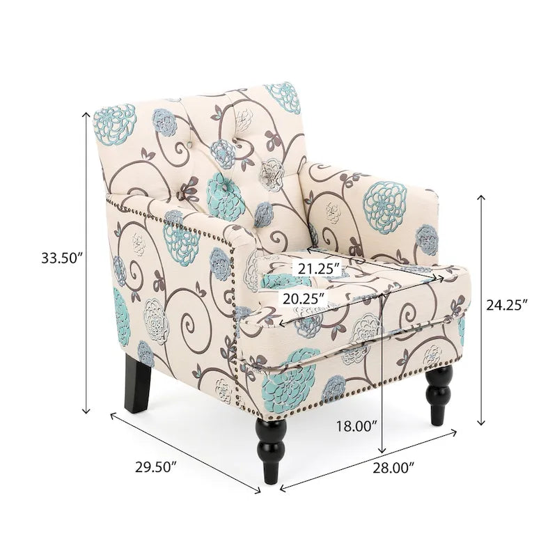 Floral Fabric Tufted Club Chair with Turned Wood Legs