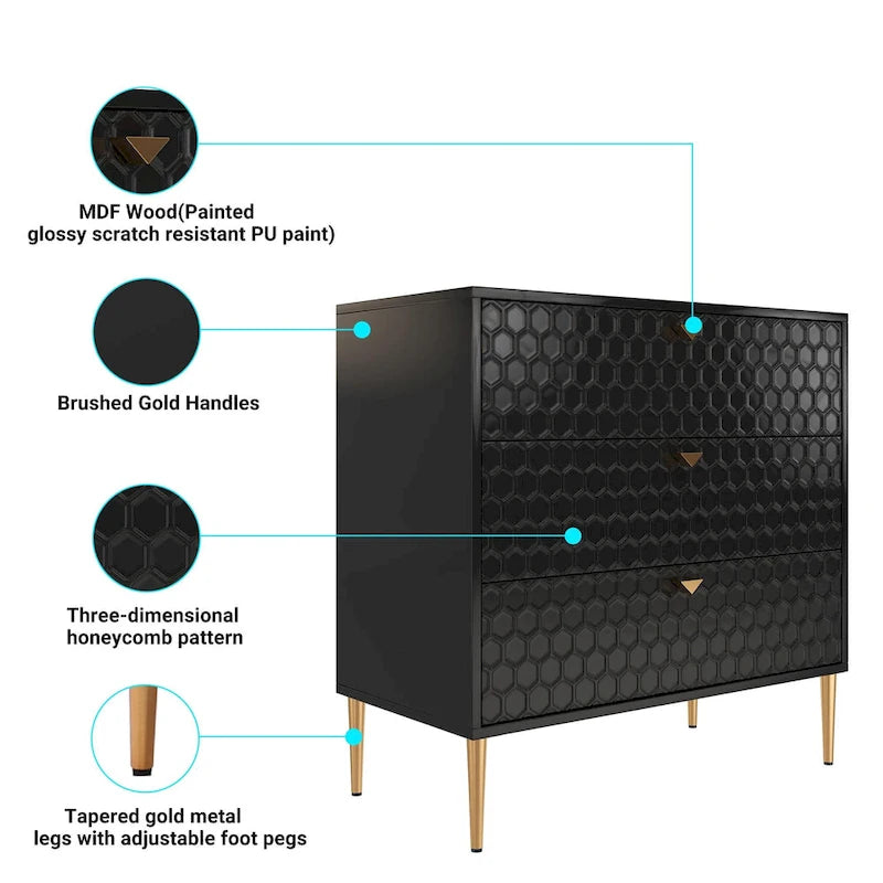 3-Drawer Dresser Chest with Metal Legs
