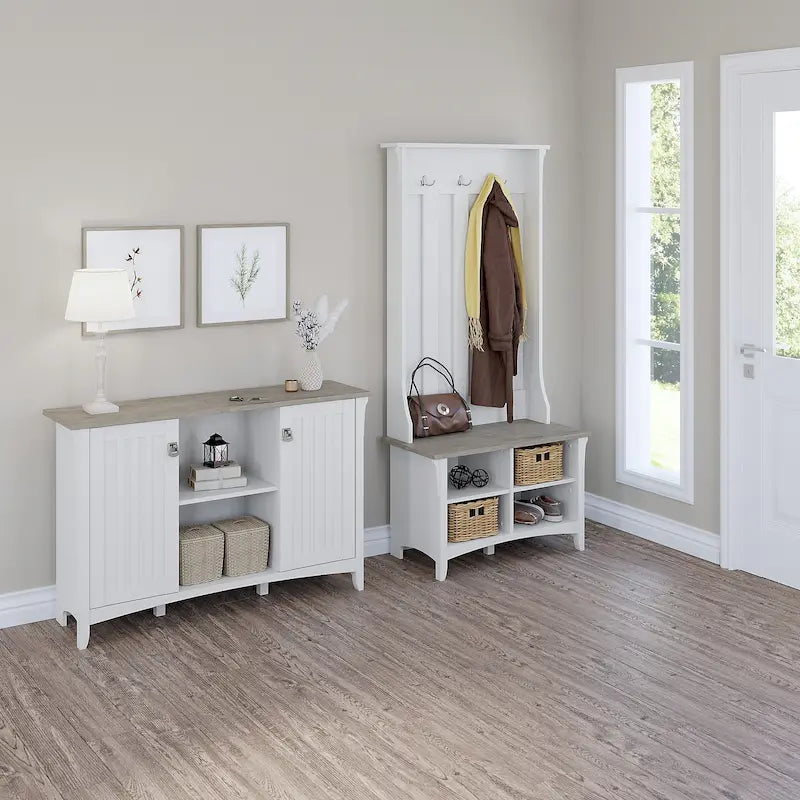 Hall Tree Shoe Bench and Storage Cabinet Set