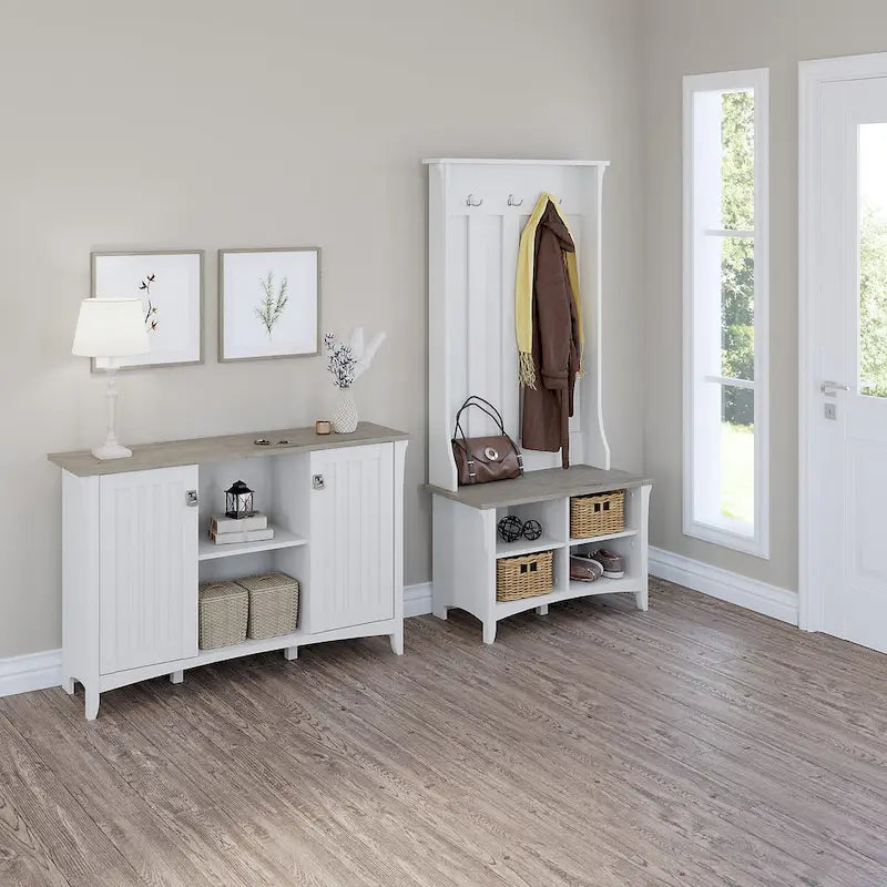 Hall Tree Shoe Bench and Storage Cabinet Set