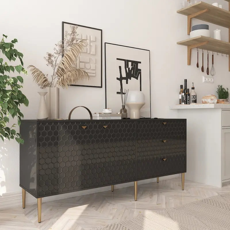 2-Door Storage Cabinet with 3 Drawers and Gold Legs