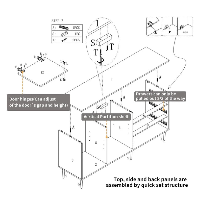 2-Door Storage Cabinet with 3 Drawers and Gold Legs