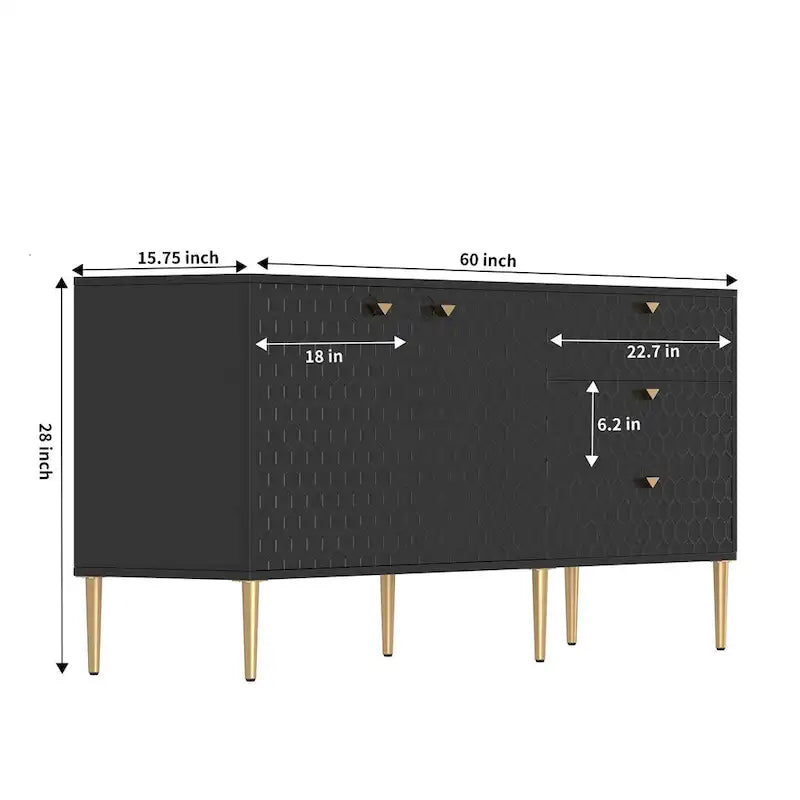 2-Door Storage Cabinet with 3 Drawers and Gold Legs