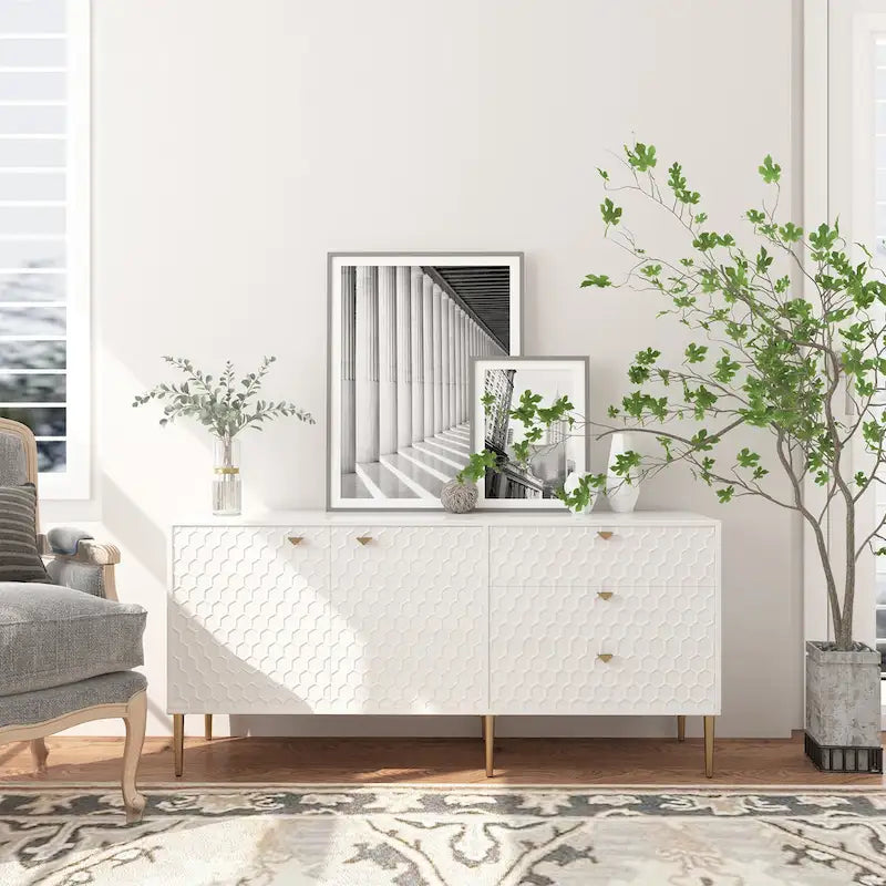 2-Door Storage Cabinet with 3 Drawers and Gold Legs