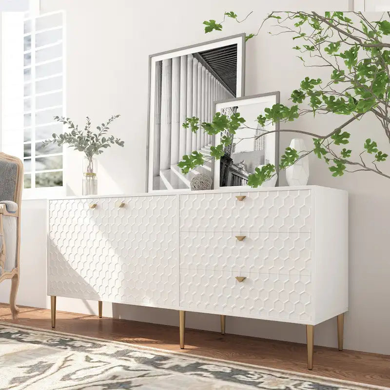 2-Door Storage Cabinet with 3 Drawers and Gold Legs