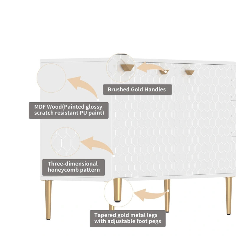 2-Door Storage Cabinet with 3 Drawers and Gold Legs