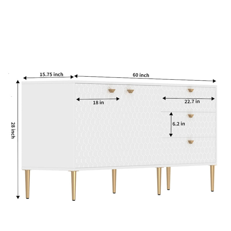 2-Door Storage Cabinet with 3 Drawers and Gold Legs