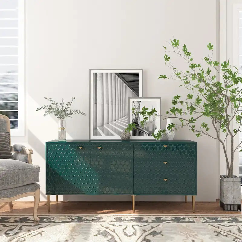 2-Door Storage Cabinet with 3 Drawers and Gold Legs