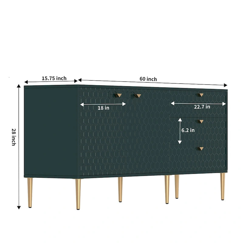 2-Door Storage Cabinet with 3 Drawers and Gold Legs