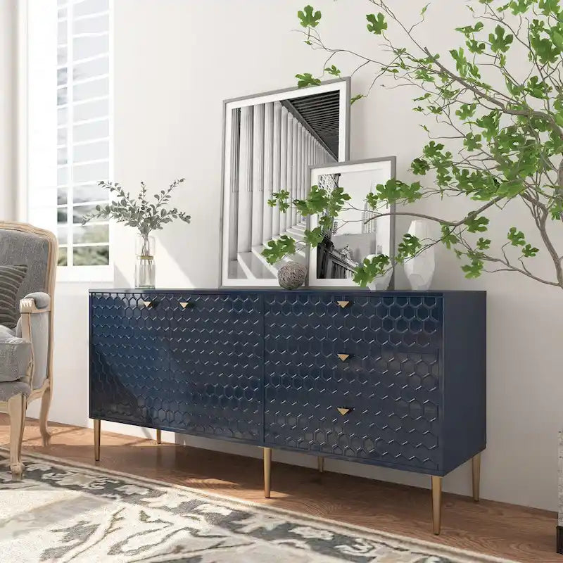 2-Door Storage Cabinet with 3 Drawers and Gold Legs