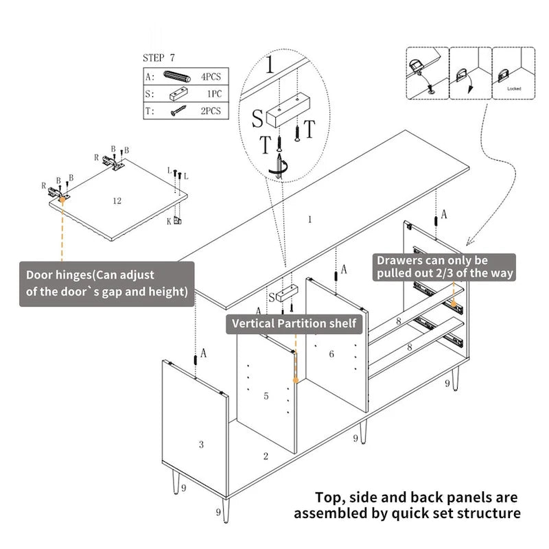 2-Door Storage Cabinet with 3 Drawers and Gold Legs