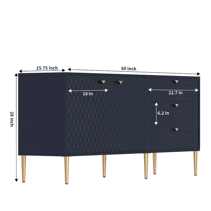 2-Door Storage Cabinet with 3 Drawers and Gold Legs