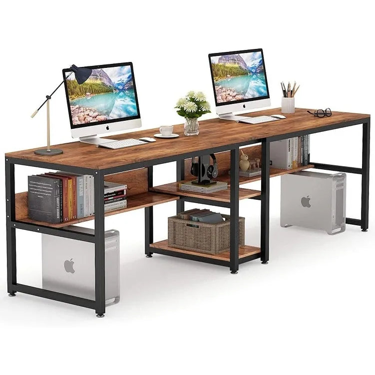 78.7-Inch Two-Person Desk with Bookshelf and Storage Shelf