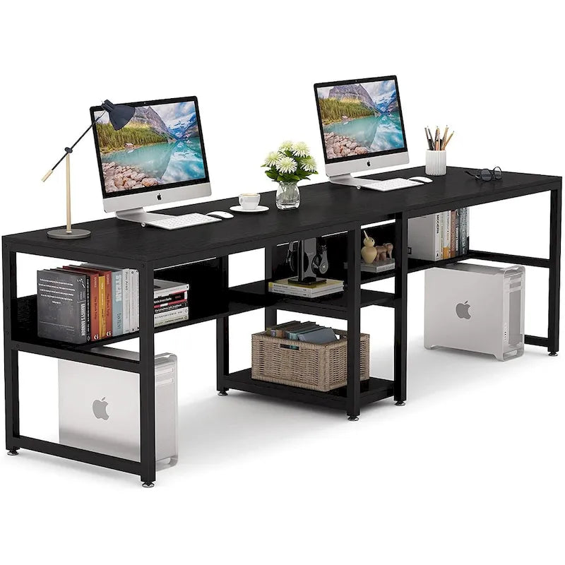 78.7-Inch Two-Person Desk with Bookshelf and Storage Shelf
