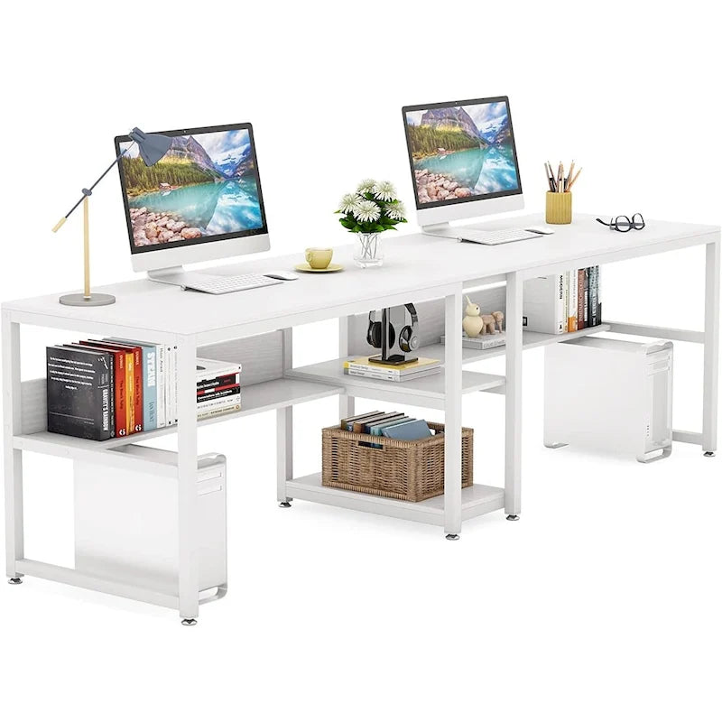 78.7-Inch Two-Person Desk with Bookshelf and Storage Shelf