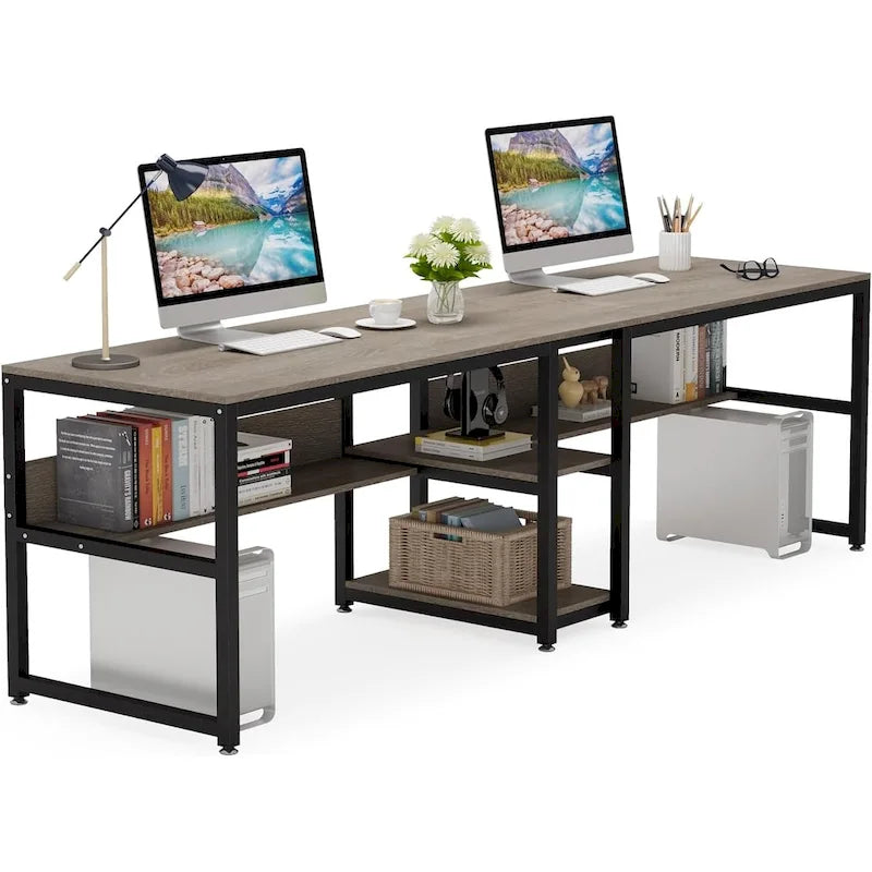 78.7-Inch Two-Person Desk with Bookshelf and Storage Shelf