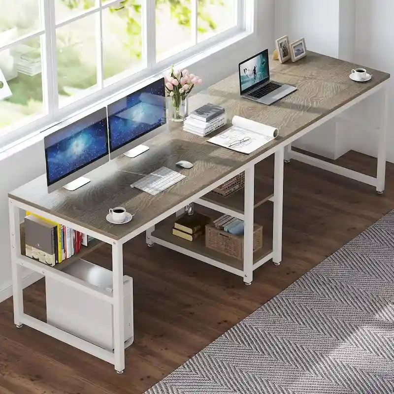 78.7-Inch Two-Person Desk with Bookshelf and Storage Shelf